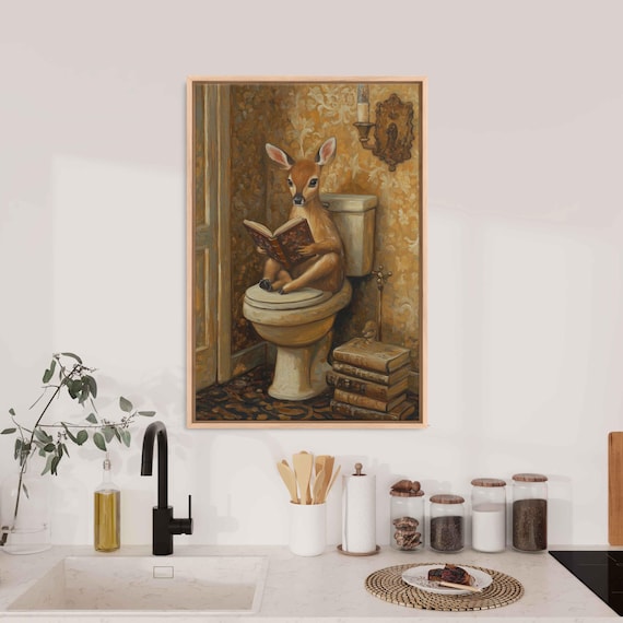 Deer Reading Poetry Book On Toilet Gold Wallpaper Bathroom Poster