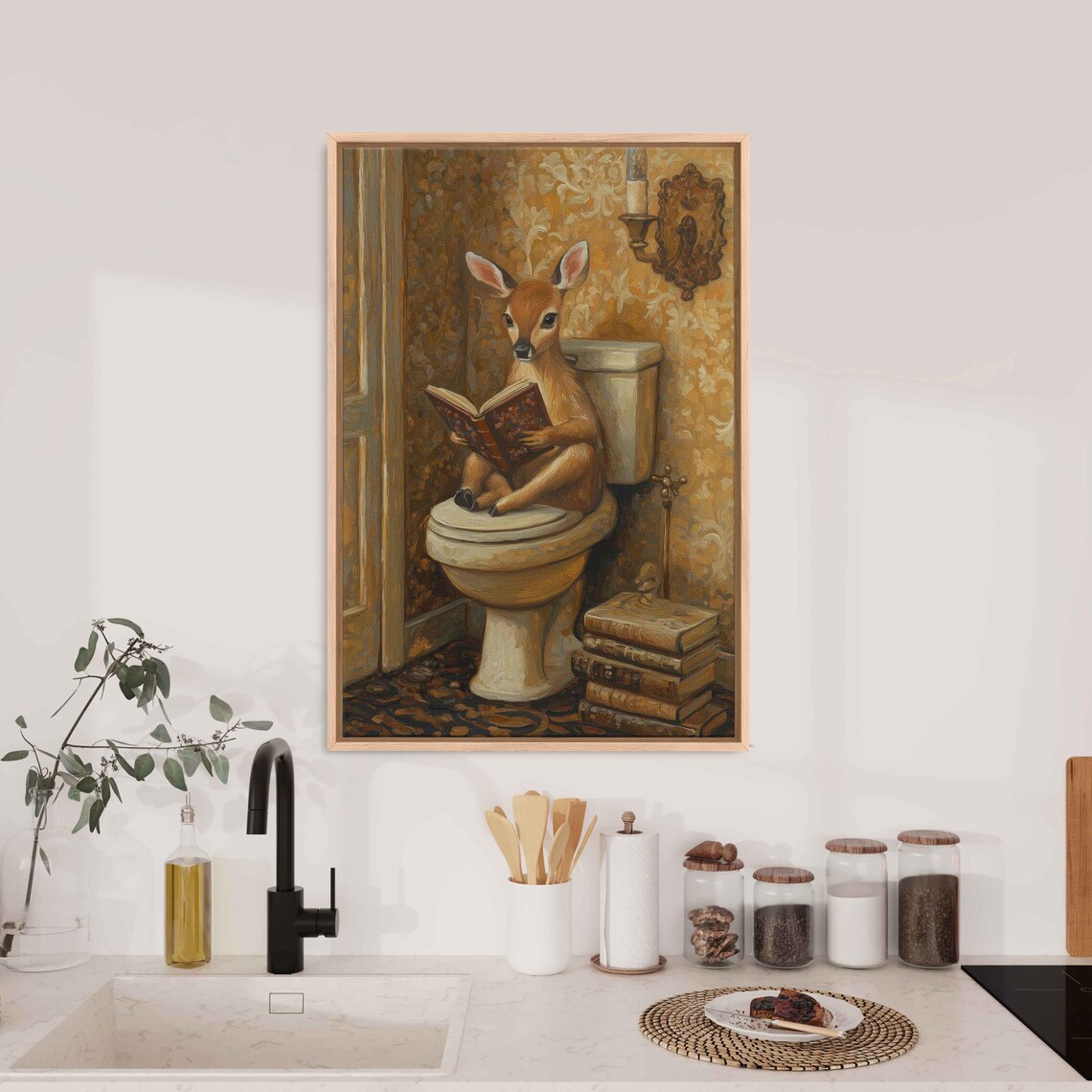 Deer Reading Poetry Book On Toilet Gold Wallpaper Bathroom Poster