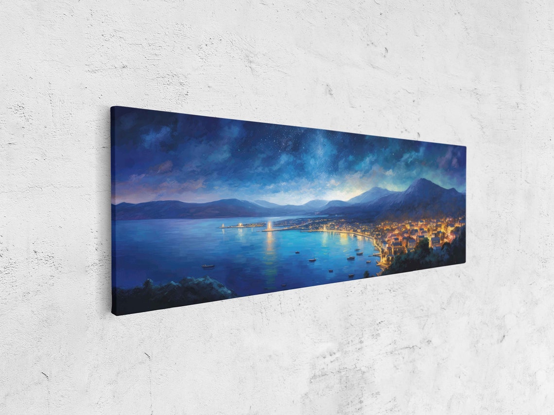 Coastal Town Night Lights Panoramic Bay Mountains Starry Sky Poster - Image 4