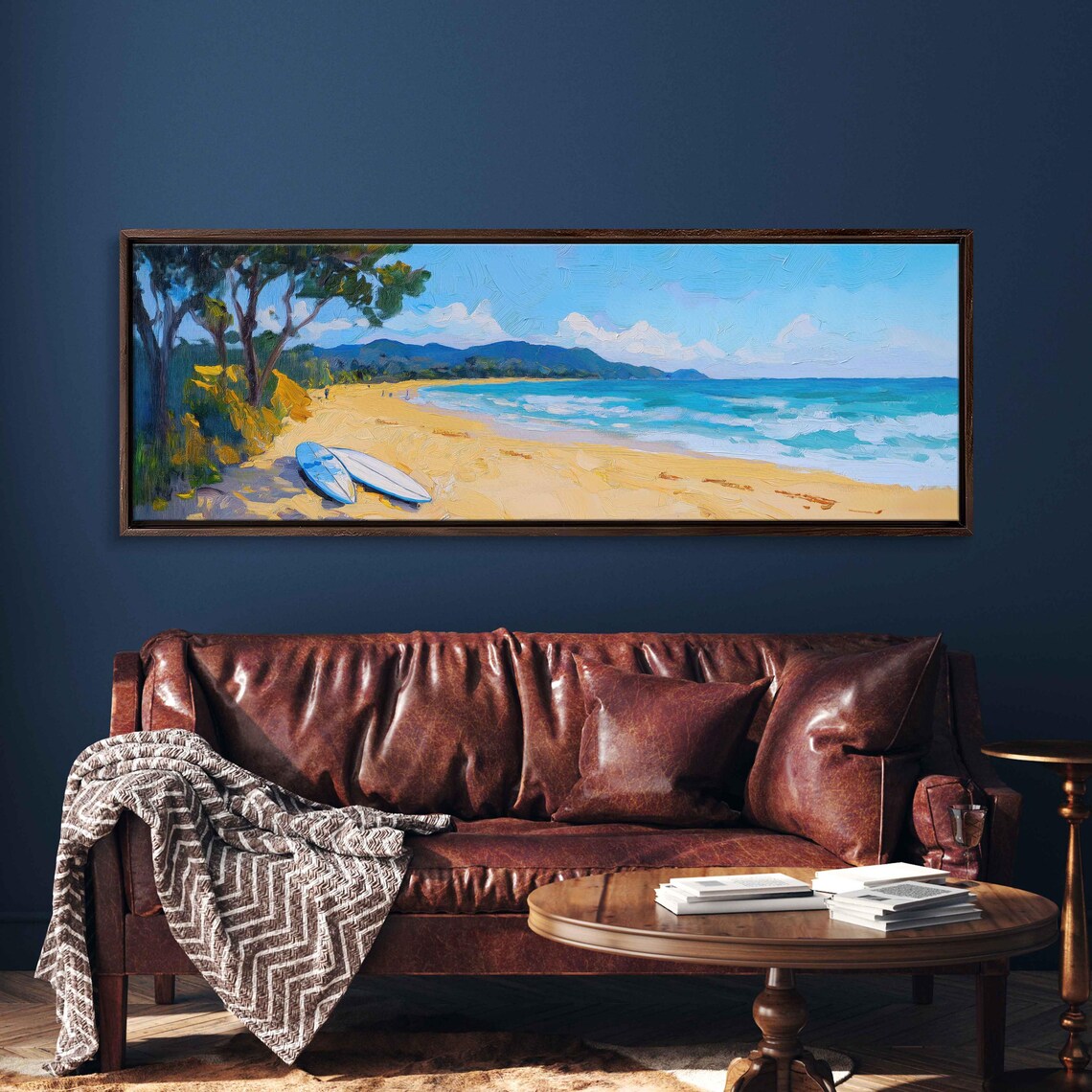 Golden Beach Surfboards Turquoise Waves Hills Oil Painting Surf Poster