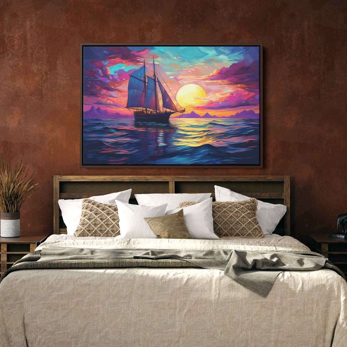 Sailboat At Sunset Vibrant Ocean Waves Colorful Sky Sailing Ship Print - Image 2