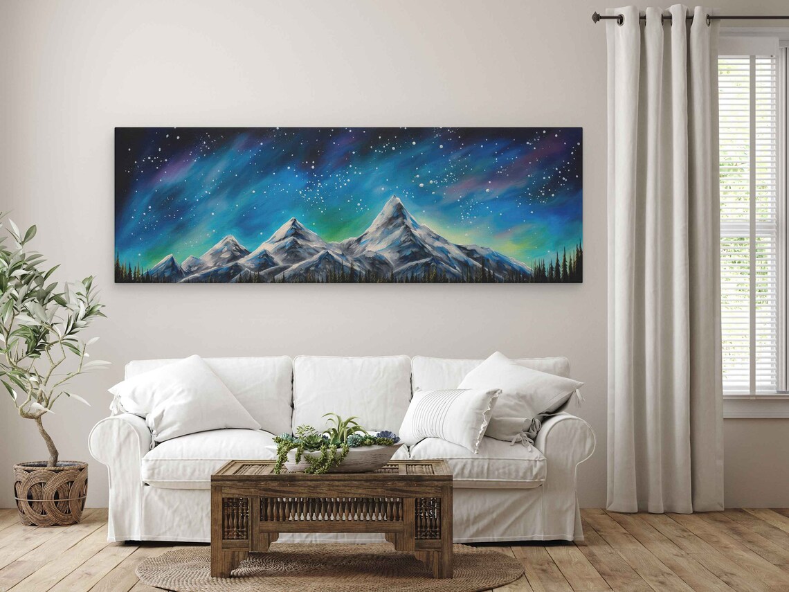 Snowy Mountain Peaks Under Northern Lights Starry Night Panorama Poster - Image 4