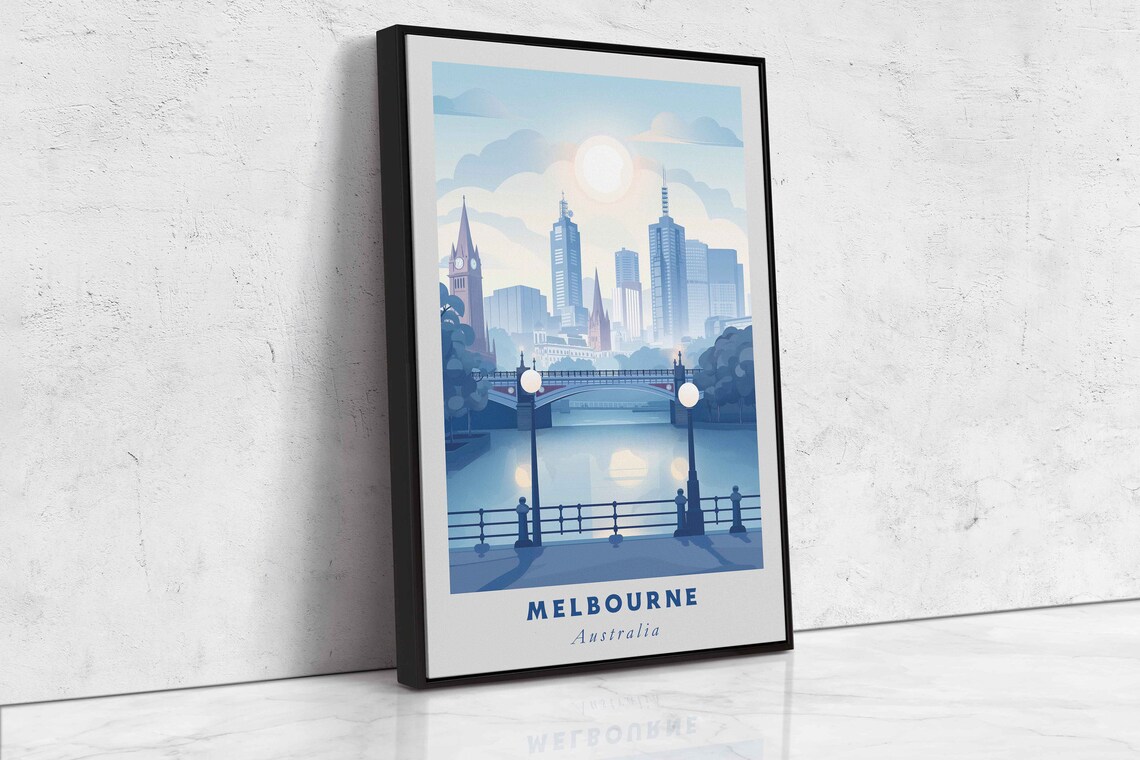 Melbourne Australia Skyline River Bridge Blue Morning Travel Poster - Image 2