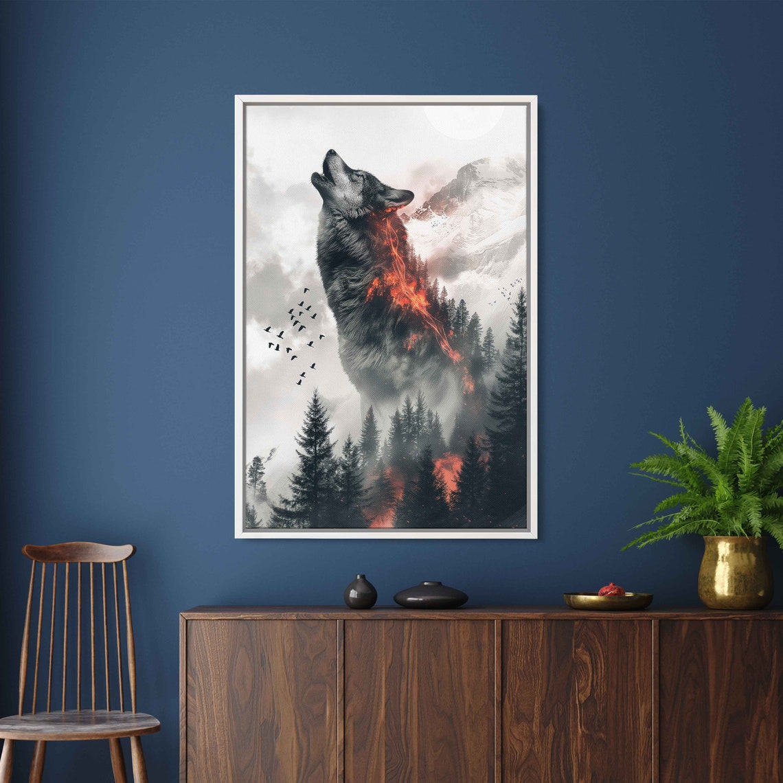 Howling Wolf Double Exposure Forest Fire Ember Mountain Poster - Image 3
