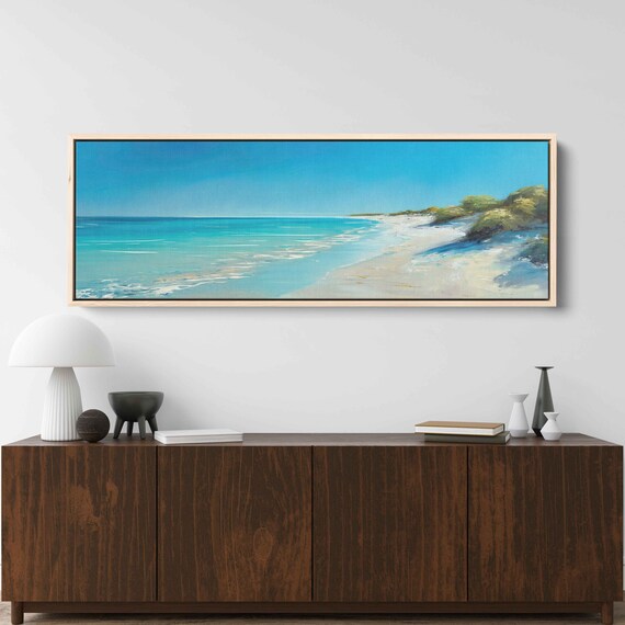 White Sand Beach Turquoise Blue Waves Clear Sky Panoramic Coastal Art Poster