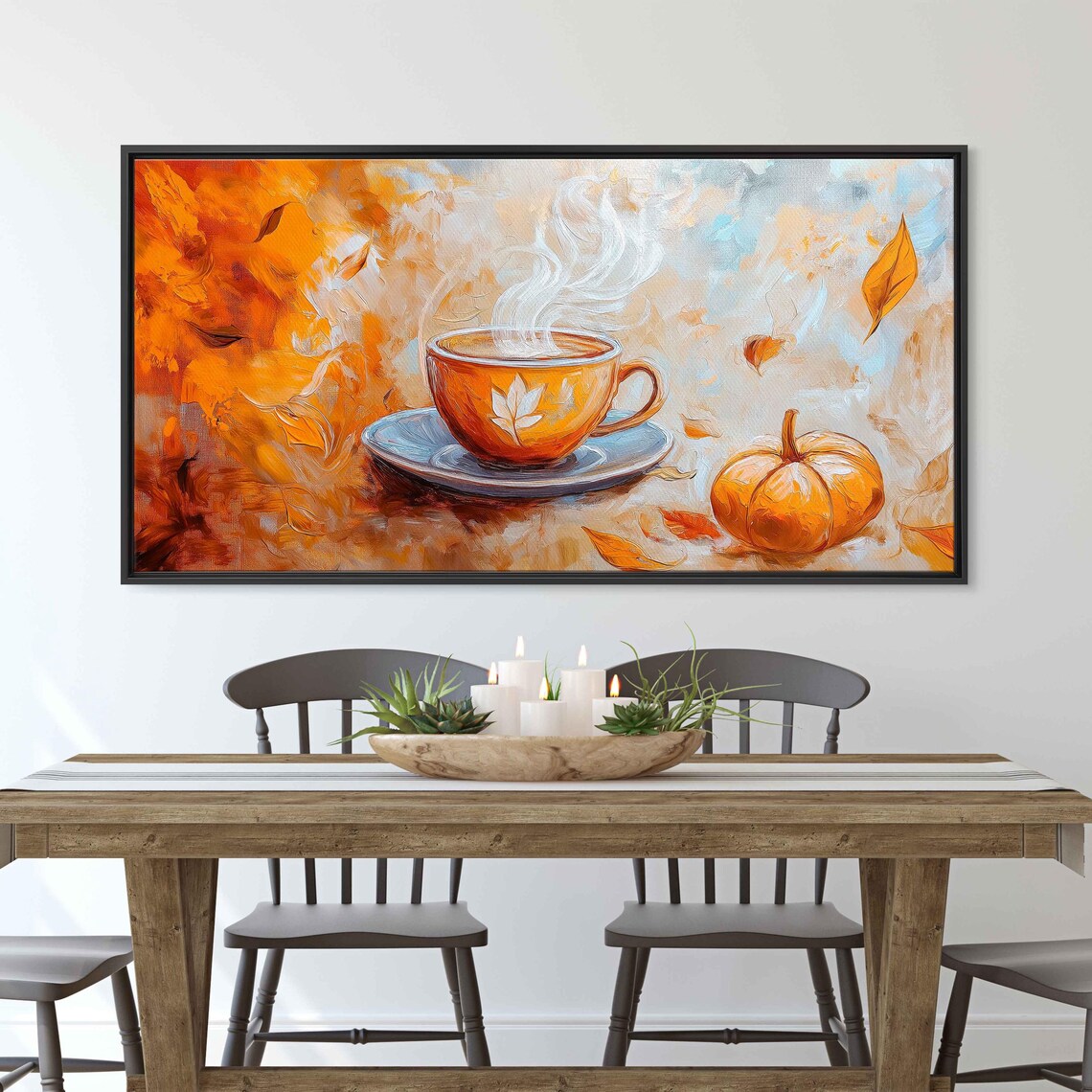 Steaming Pumpkin Latte With Leaf Art And Pumpkin Among Autumn Leaves Painting Poster - Image 3