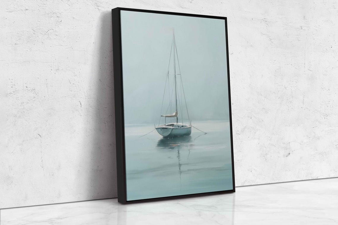 Sailboat Anchored On Misty Mint Sea Foggy Minimalist Art Poster - Image 4
