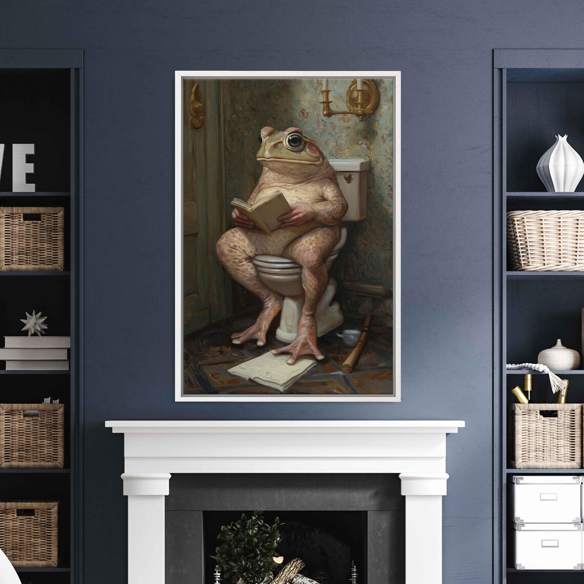 Whimsical Toad Reading Book On Toilet Vintage Bathroom Funny Frog Poster