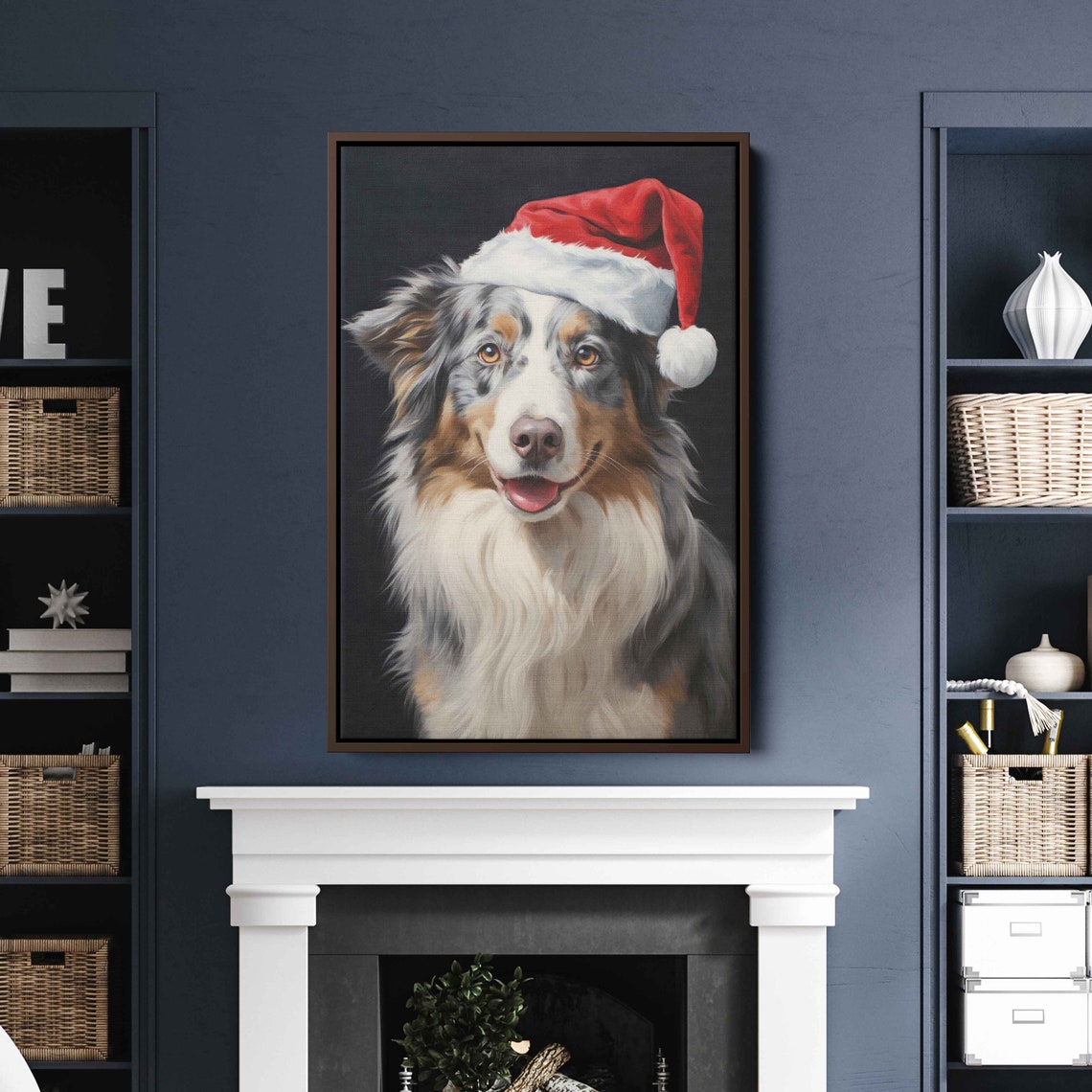 Australian Shepherd Santa Hat Smiling Christmas Portrait Poster - Image 4