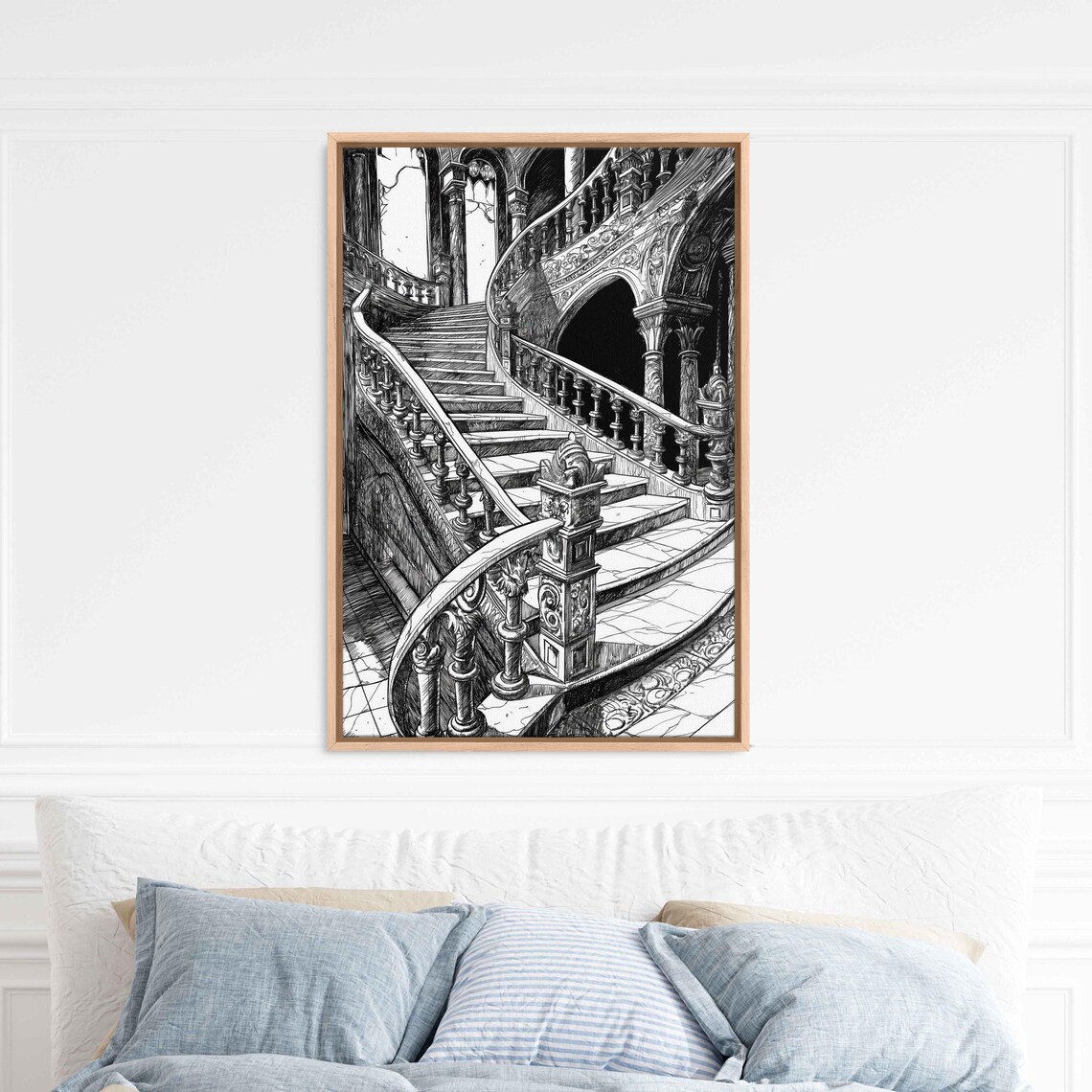 Grand Gothic Spiral Staircase Carved Balustrade Ink Art Halloween Poster - Image 3