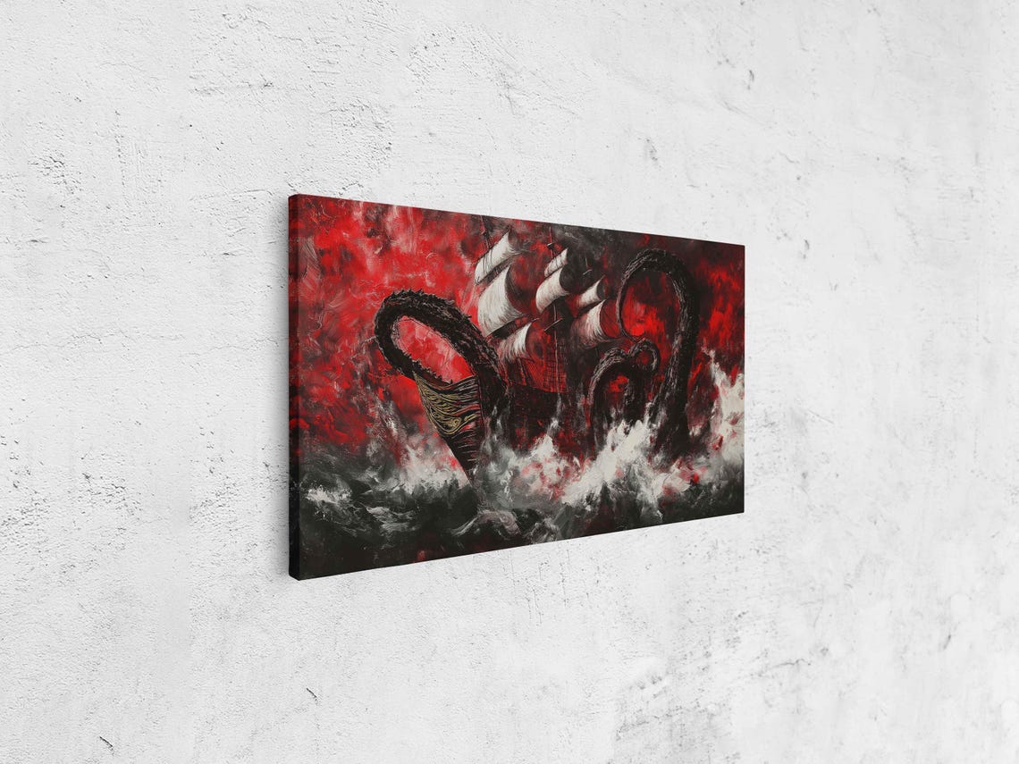 Kraken Attacking Classic Ship Wall Art Print Dramatic Red And Black Colors Frozen In Time - Image 4