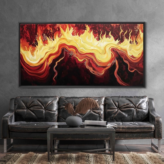 Abstract Forest Fire Wall Art Print Swirling Flames Metallic Golds And Reds Energetic Design