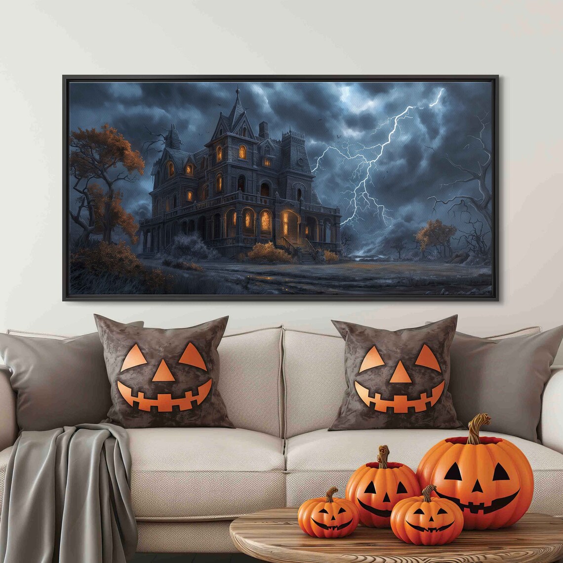 Haunted Victorian Mansion Lightning Storm Night Eerie Halloween Art Print