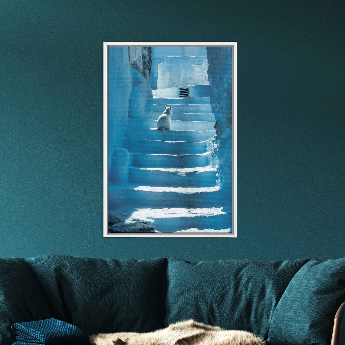 White Cat Sitting On Sunlit Blue Stone Steps Mediterranean Sunlight Poster - Image 3