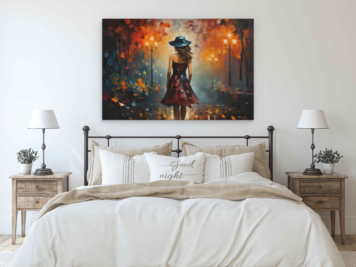 Palette Knife Woman Red Dress Blue Hat Autumn Street Walk Art Print - Image 3