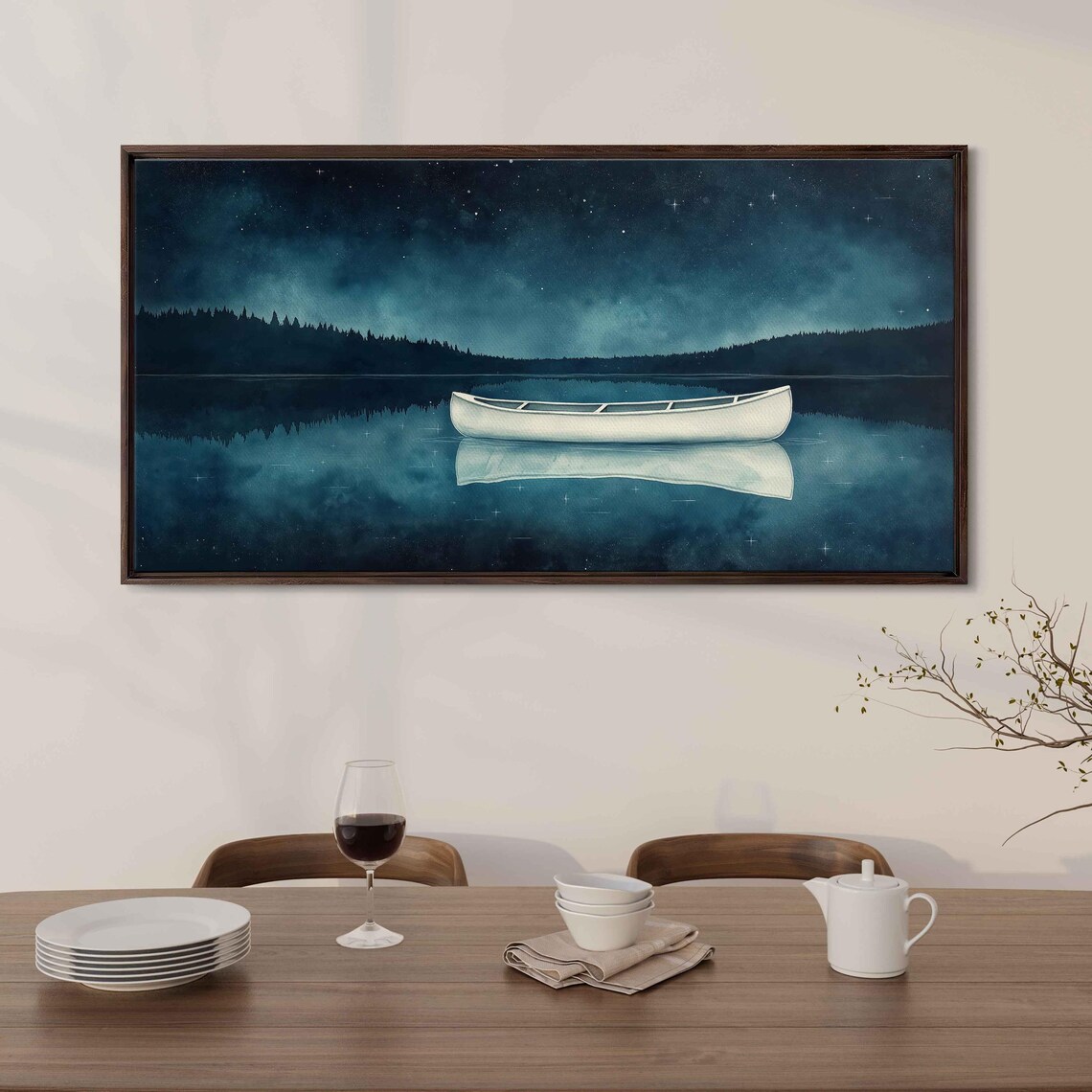 White Canoe Starry Night Lake Panoramic Watercolor Minimalist Still Water Calm Poster