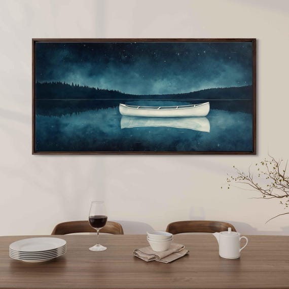 Canoe On A Peaceful Lake Wall Art Print Minimalist Watercolor Starry Night Scene