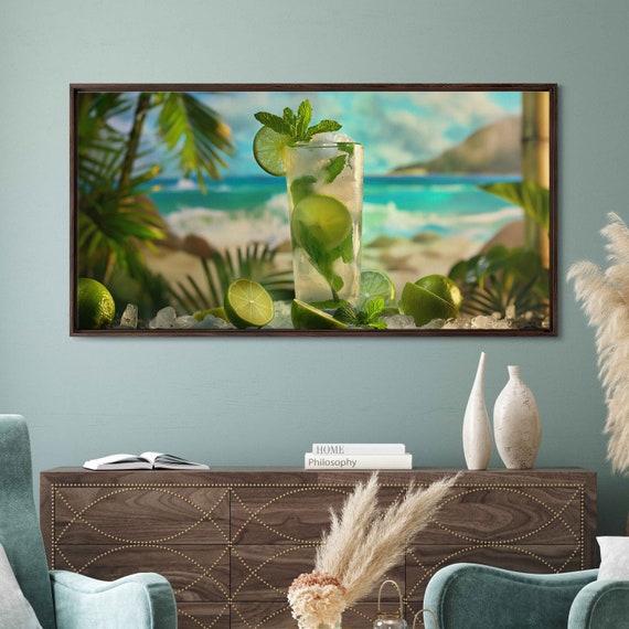 Tropical Majito Photo Ocean Waves Limes And Leaves Wall Art Print Ready To Hang