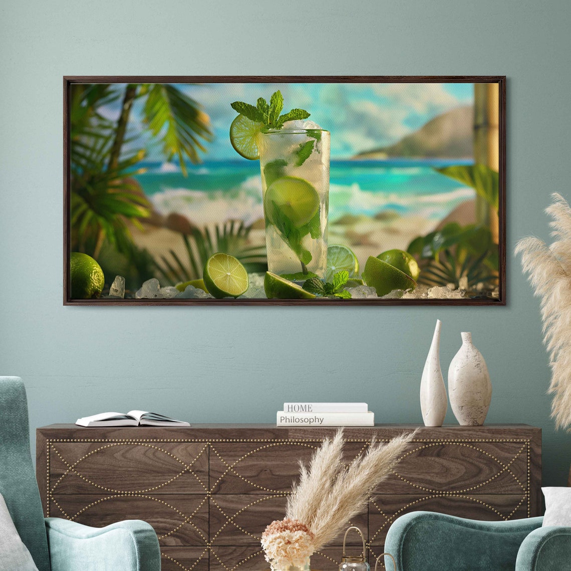 Tropical Majito Photo Ocean Waves Limes And Leaves Wall Art Print Ready To Hang