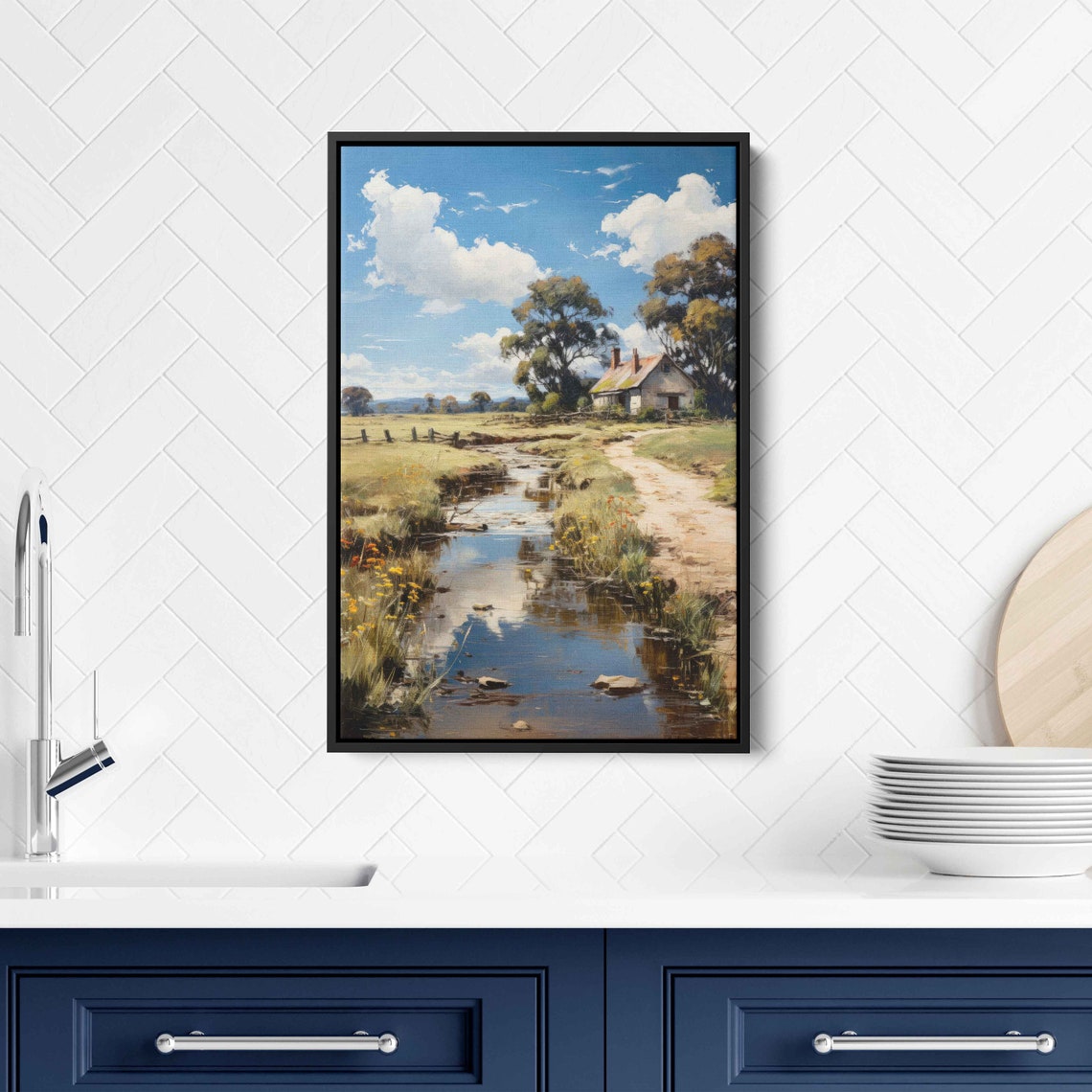 Rural Watercolor Stream Old Farmhouse Countryside Meadow Poster - Image 2