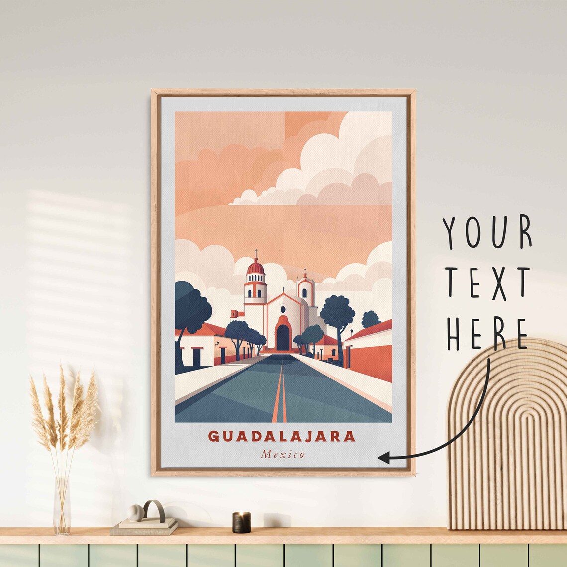 Guadalajara Mexico Colonial Church Street Peach Sky Travel Poster