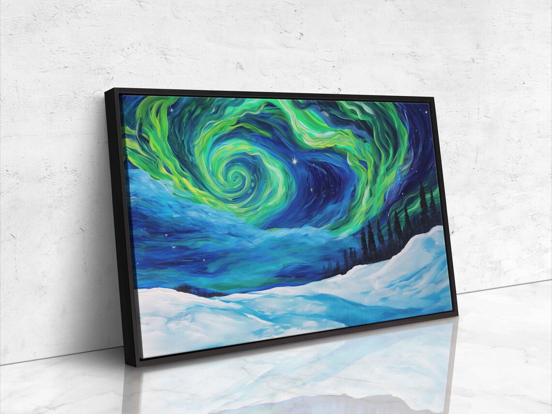 Emerald Green Aurora Swirl Over Snowy Pine Hillside Winter Night Sky Poster - Image 4