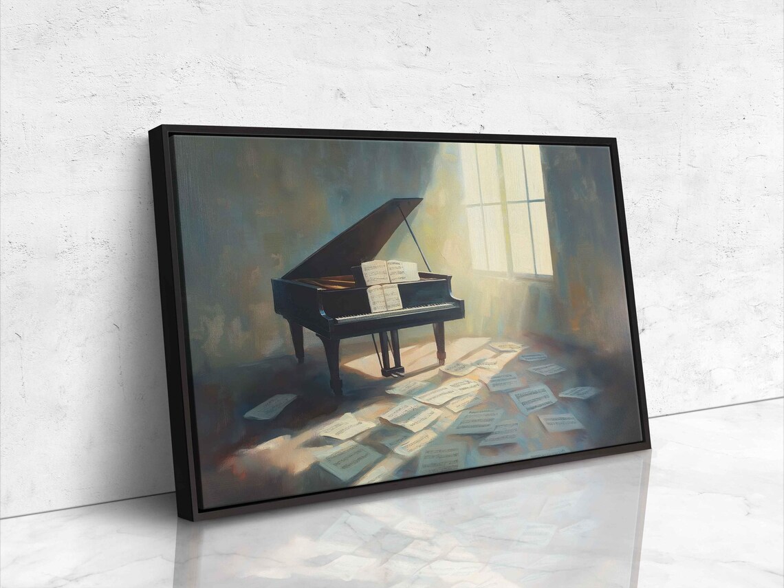 Grand Piano Sunlit Room Painting Sheet Music Scattered Classical Music Elegant Poster - Image 4