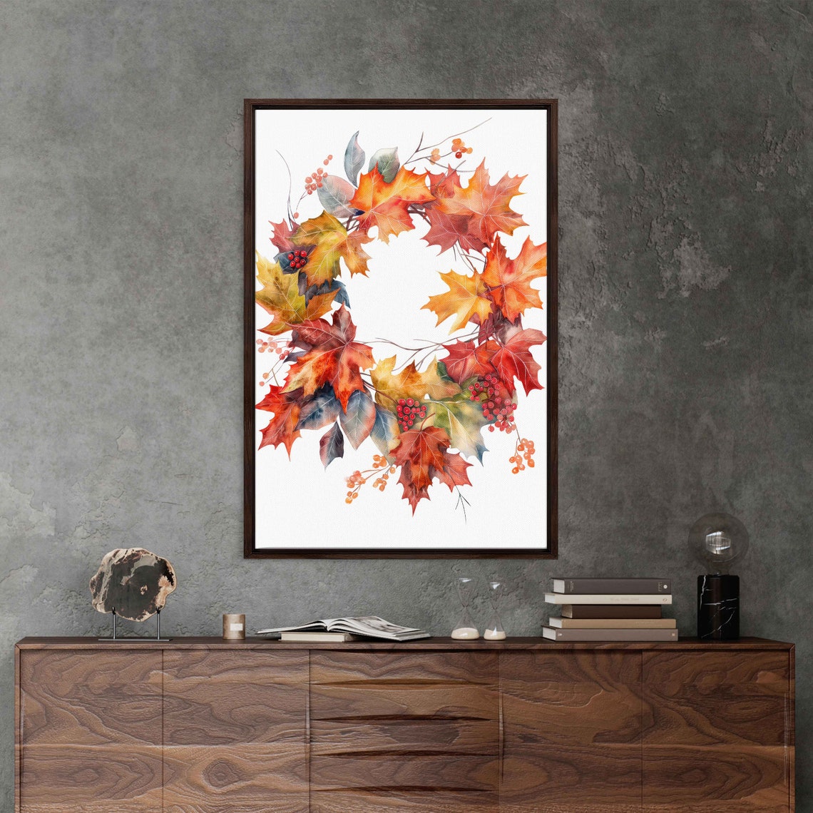 Fall Maple Leaf Wreath With Bright Red Berries Watercolor Art Poster