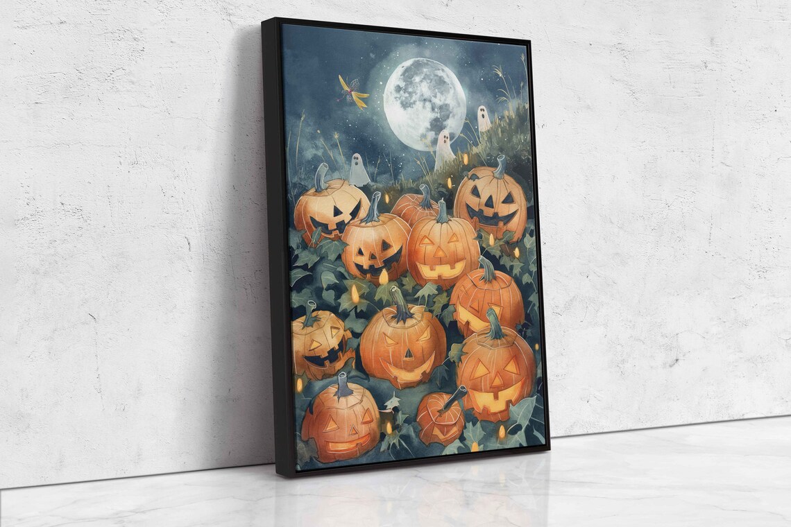 Whimsical Pumpkin Patch Filled With Jack O Lanterns Under Full Moon Wall Art - Image 4