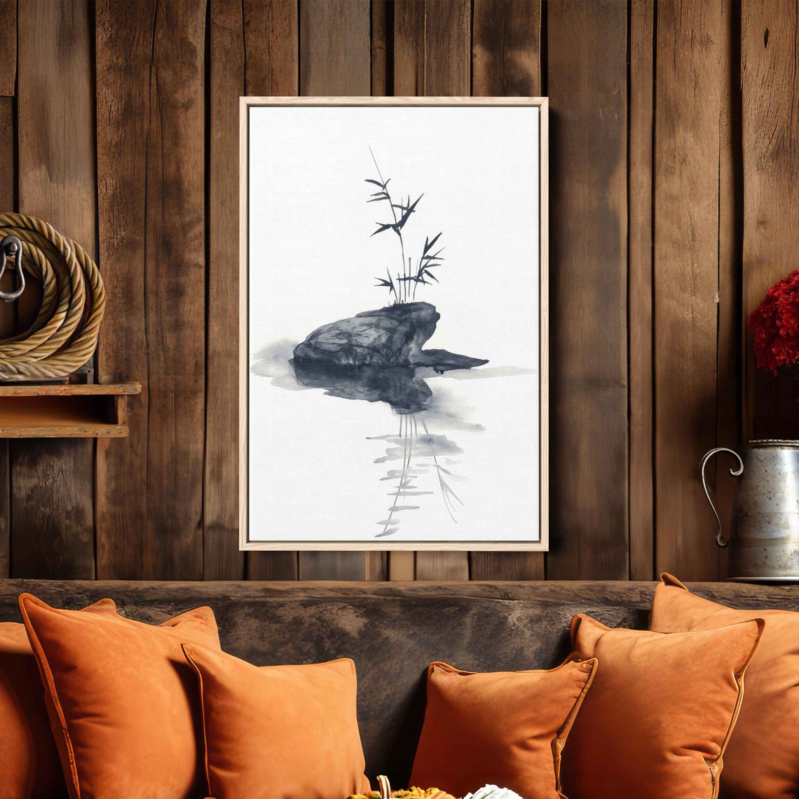 Japanese Bamboo On Rock Ink Painting Still Water Reflection Zen Print - Image 3