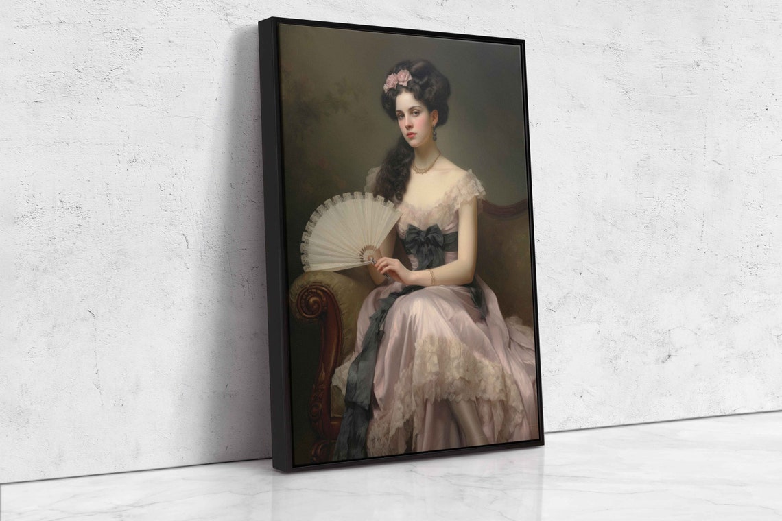 Vintage Lady Pink Dress Fan Classical Portrait Elegant Wall Art - Image 4