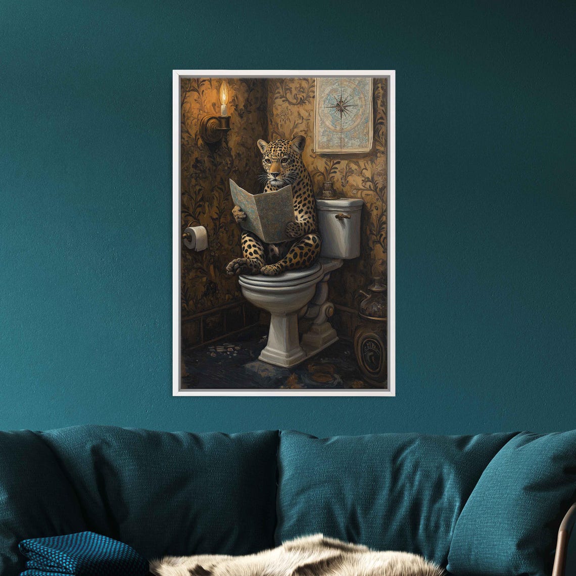 Whimsical Leopard Reading Map On Toilet Vintage Bathroom Jungle Poster