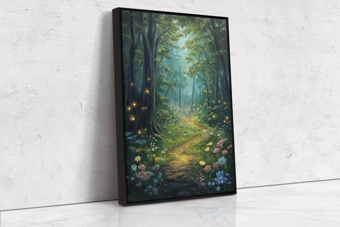 Enchanted Forest Path With Wildflowers And Fireflies Painting Poster - Image 4