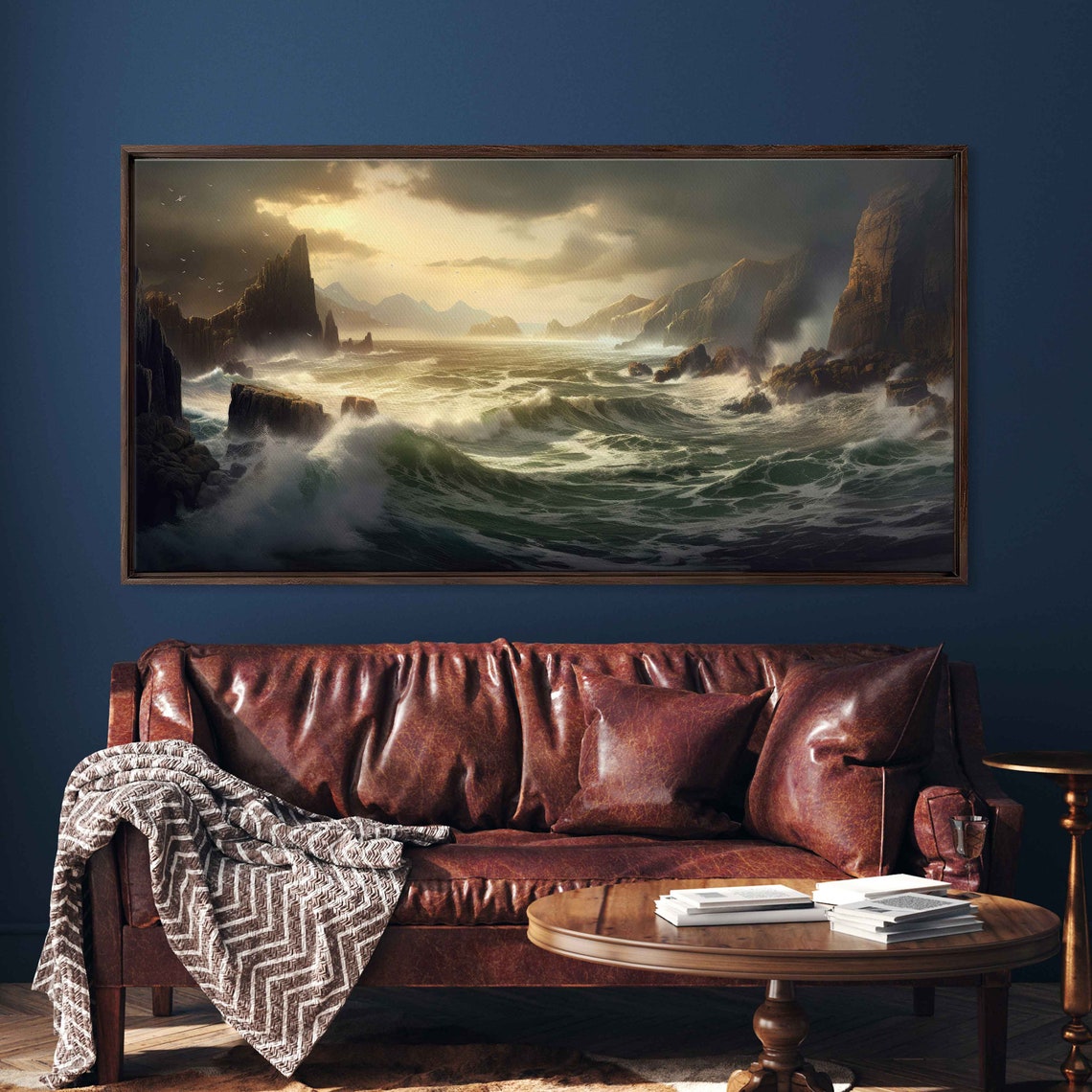 Crashing Waves Rocky Sea Cliffs Stormy Golden Coast Seascape Poster
