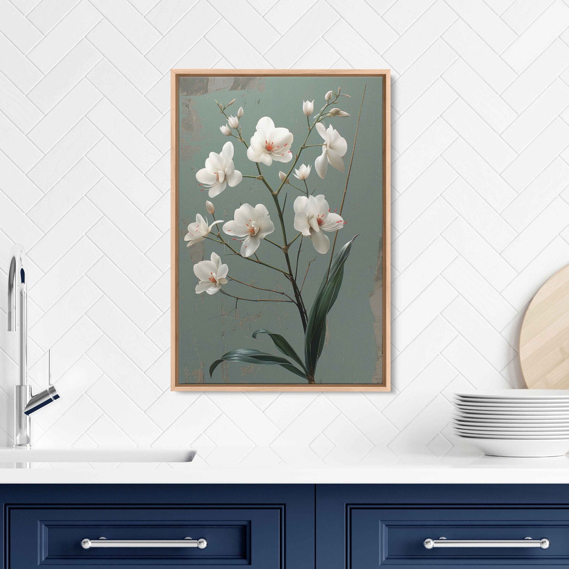 White Orchid Blooms Sage Green Vintage Botanical Elegant Floral Poster - Image 2