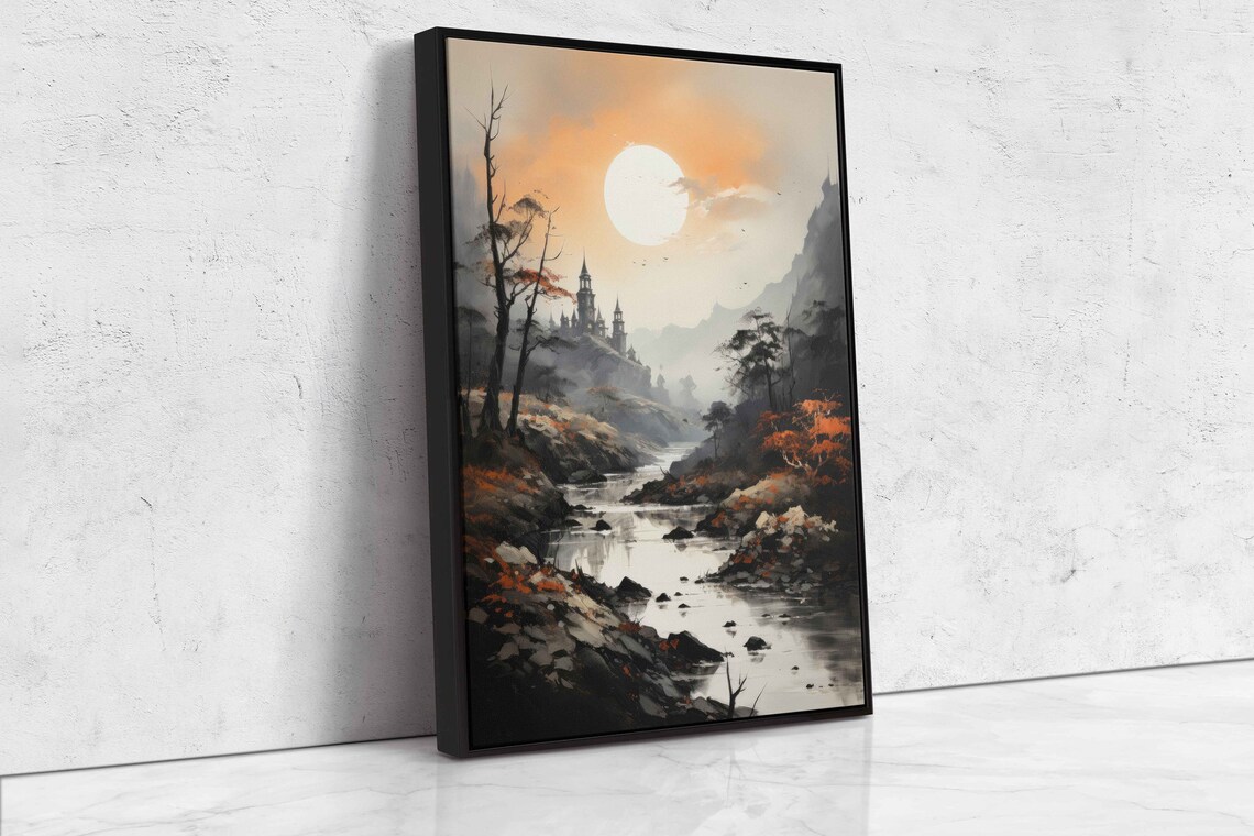 Watercolor River Castle Wall Art Print Dead Trees Medieval Castles Mountain Range Rising Sun Ready To Hang - Image 4