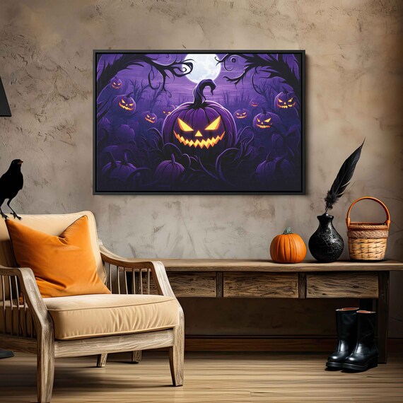 Glowing Jack O Lanterns Purple Haunted Forest Halloween Wall Art