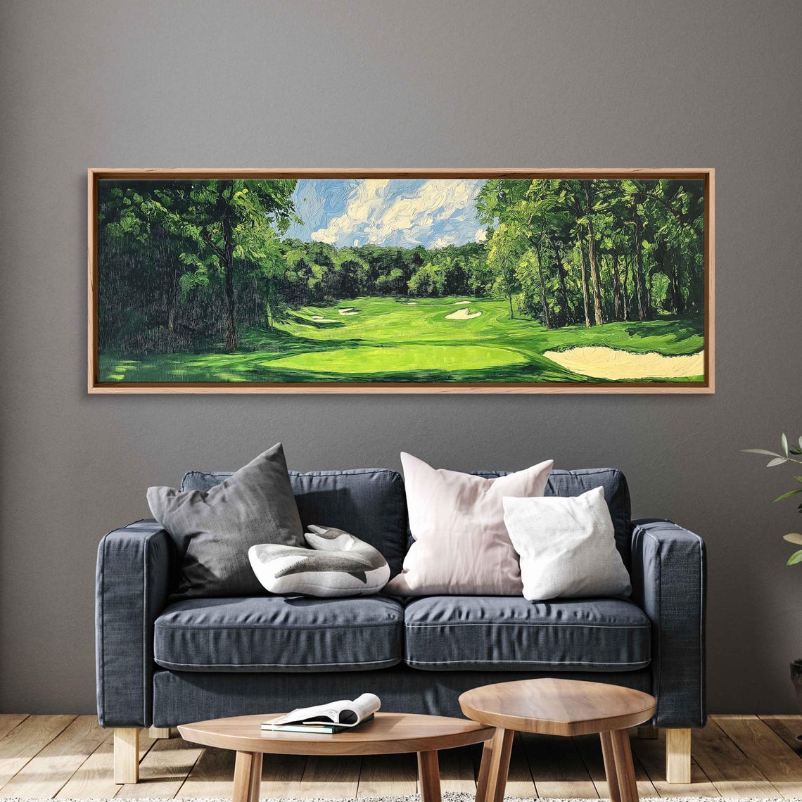 Tree Lined Golf Fairway Green Grass Sand Bunkers Painting Poster - Image 3