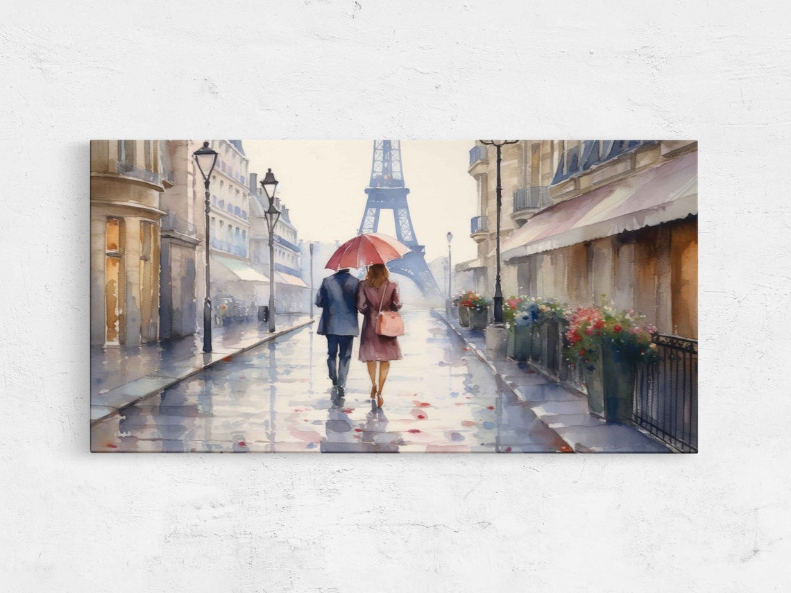 Paris Rainy Street Eiffel Tower Couple Pink Umbrella Watercolor