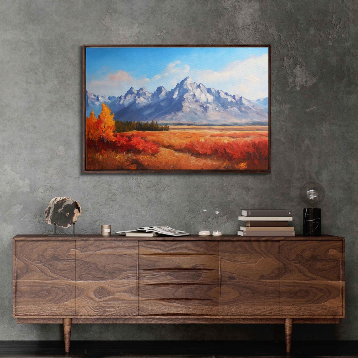 Grand Teton Peaks Fiery Autumn Meadow Red Orange Colors Poster