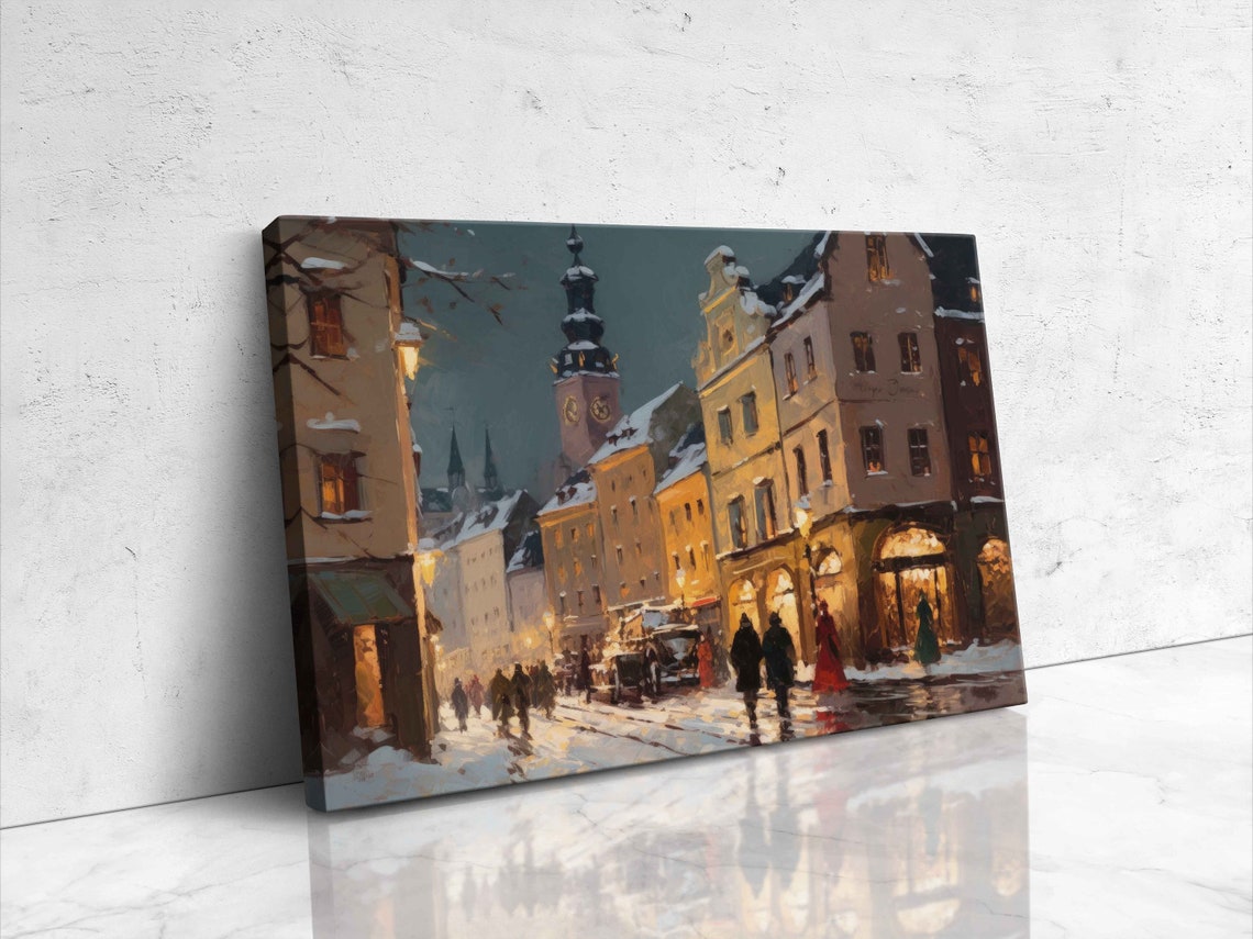 Bavaria Germany Snowy Downtown Shops At Night With Clock Tower Poster - Image 4