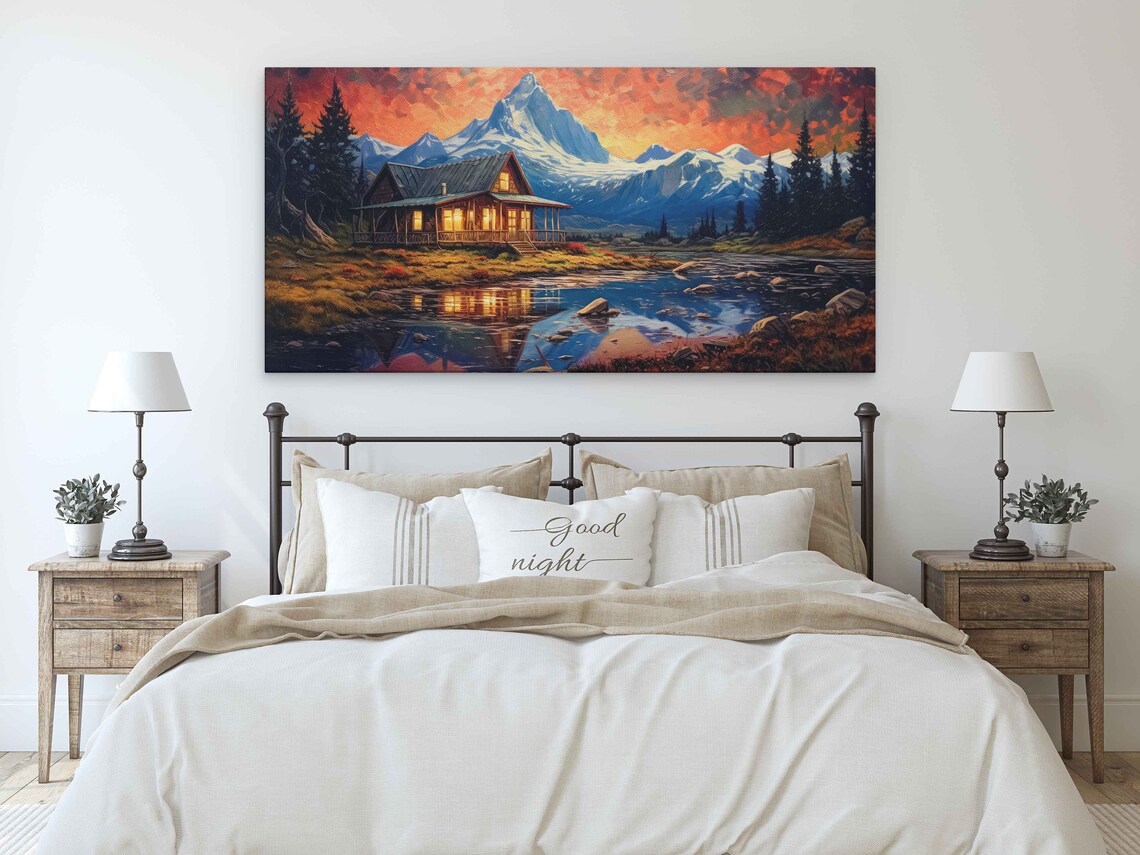 Lakeside Cabin Sunset Reflection Snowy Peak Fiery Orange Sky Art Poster - Image 3