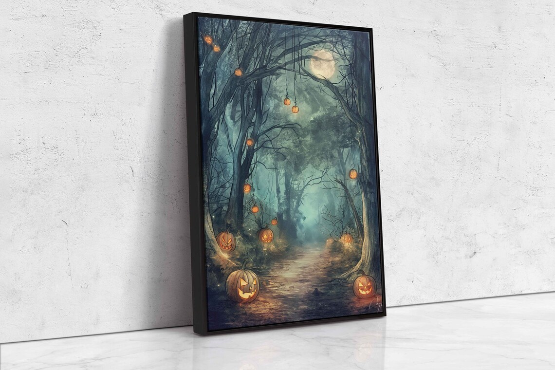 Moonlit Forest Path Hanging Glowing Jack O Lanterns Night Halloween Print - Image 4