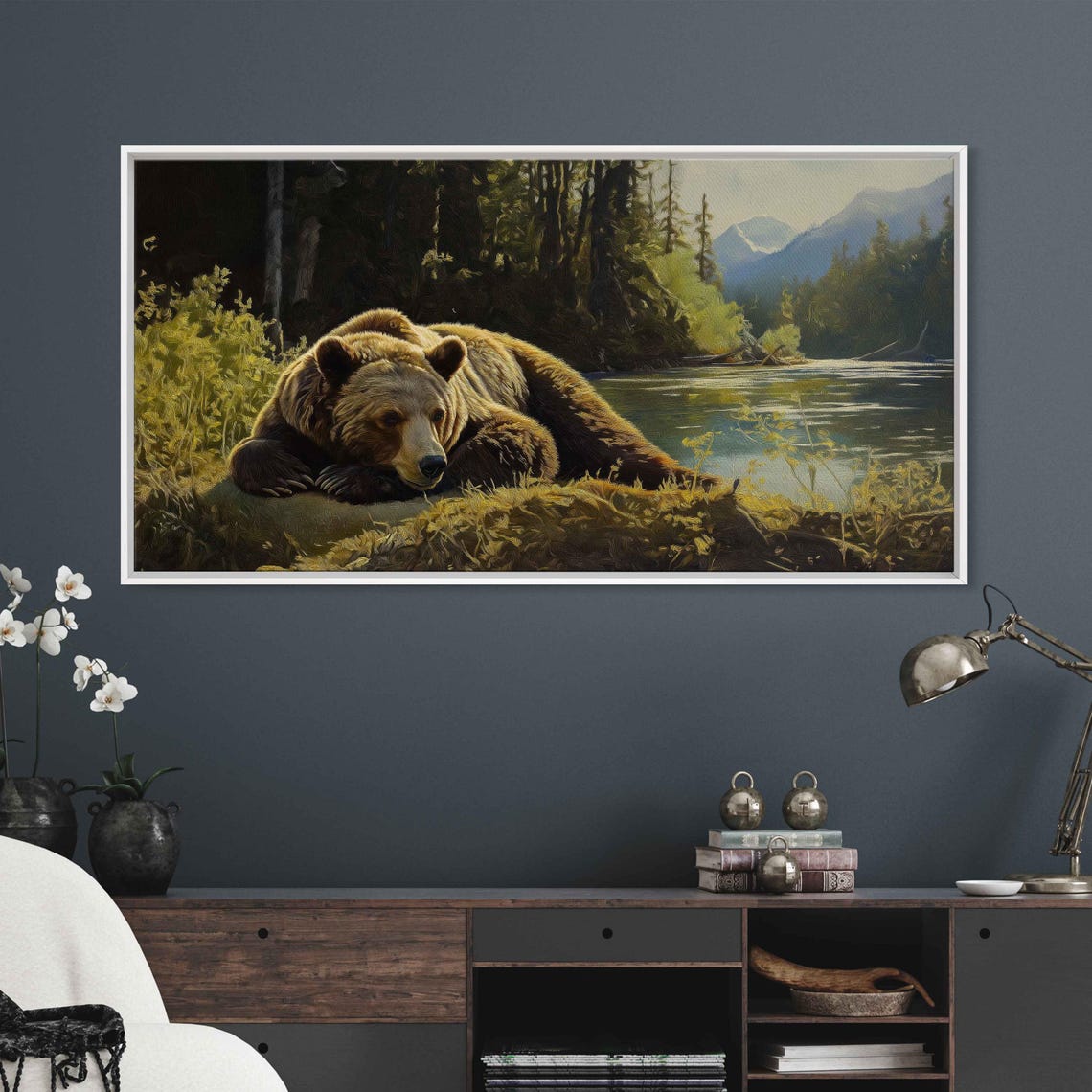 Grizzly Bear Resting By The River Mountain View Realistic Art Poster - Image 3