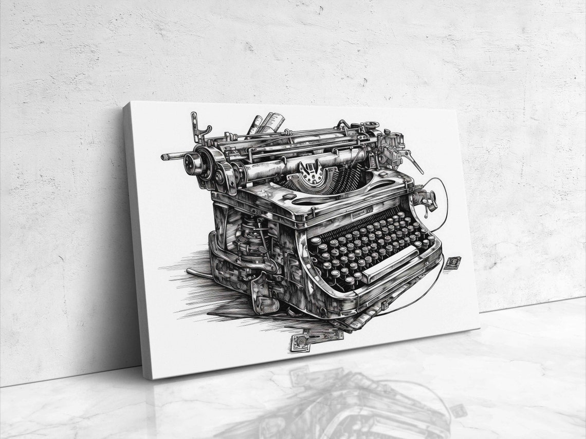 Typewriter Expressionist Pencil Art Drawing Illustration On Ready To Hang Gift For Writers Library Decor - Image 3