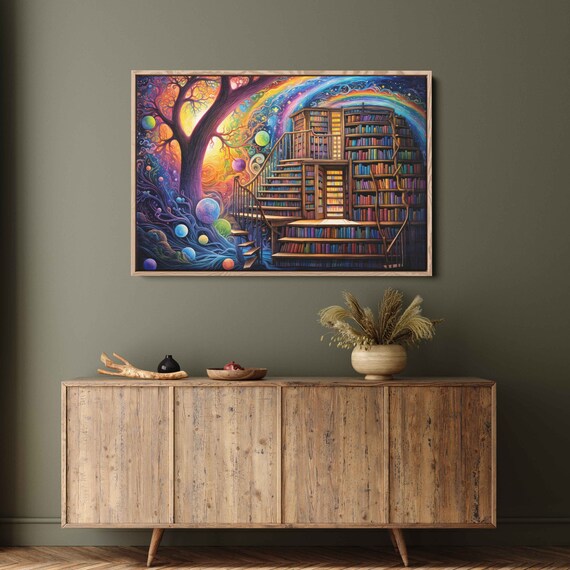 Cosmic Treehouse Library Psychedelic Galaxy Fantasy Book Art Poster