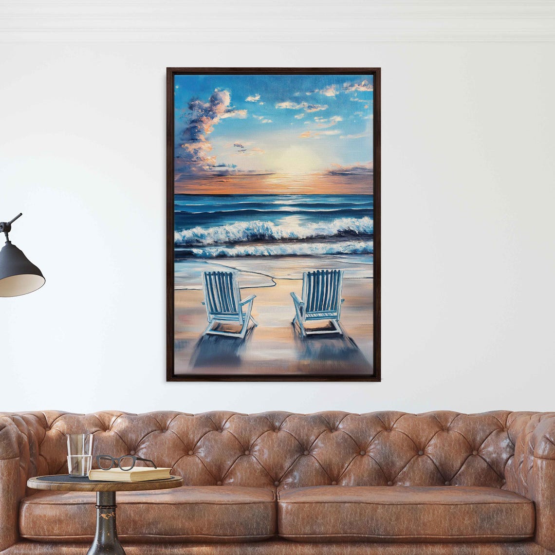 Vintage Beach Chairs Ocean Sunset Dusk Retro Seaside Art Poster