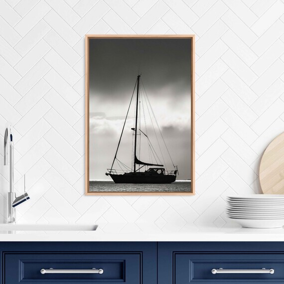 Anchored Sailboat Silhouette Moody Monochrome Nautical Photo Print