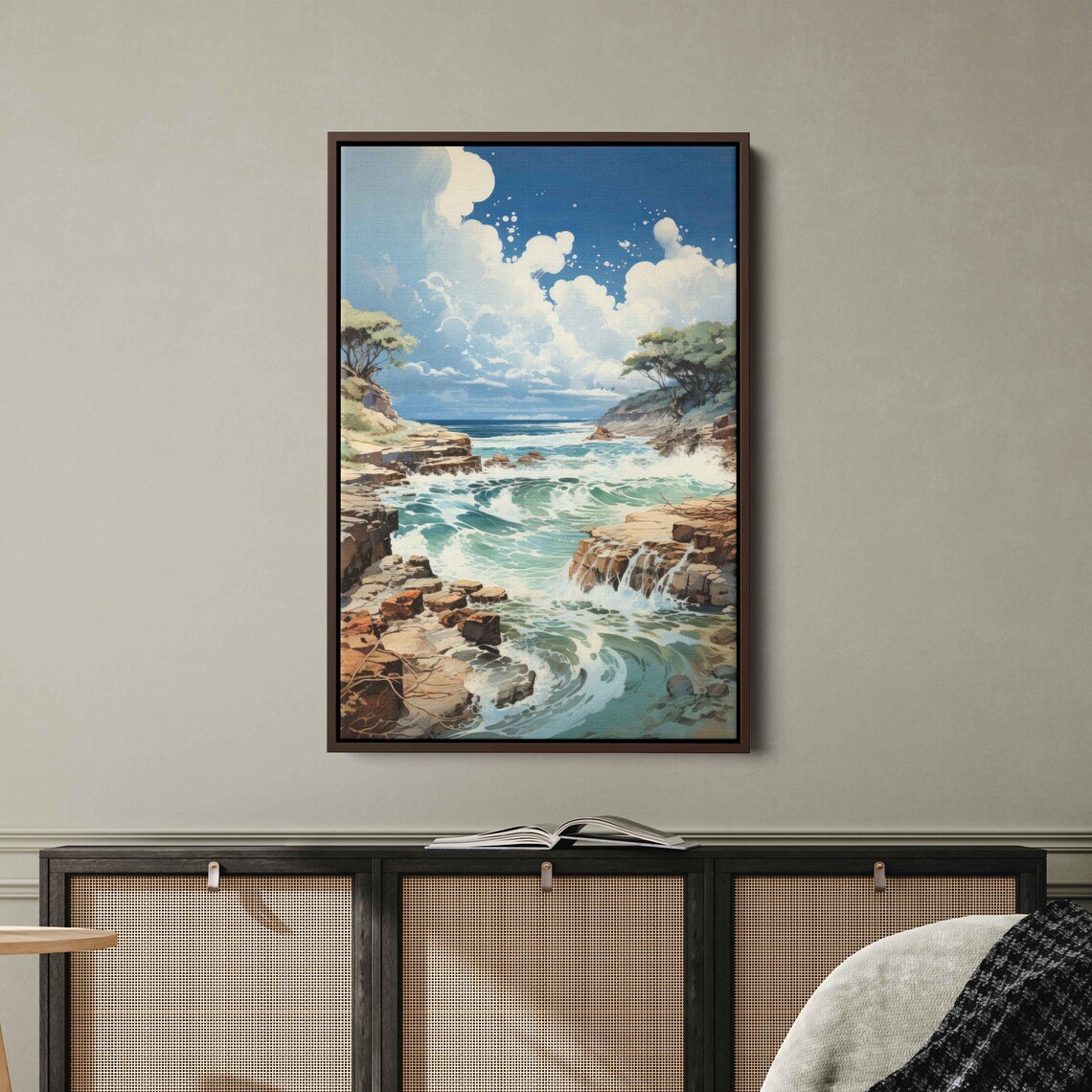 Sunny Dramatic Rocky Coastline Turquoise Waves Watercolor Poster - Image 3