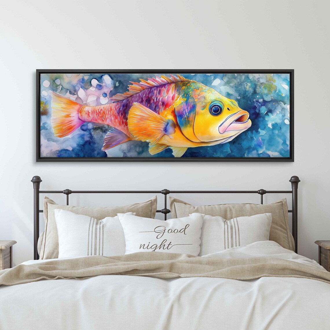 Triggerfish Watercolor Wall Art Print Vibrant Colors Underwater Scene Close Up View